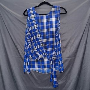 Blue plaid, front tie blouse